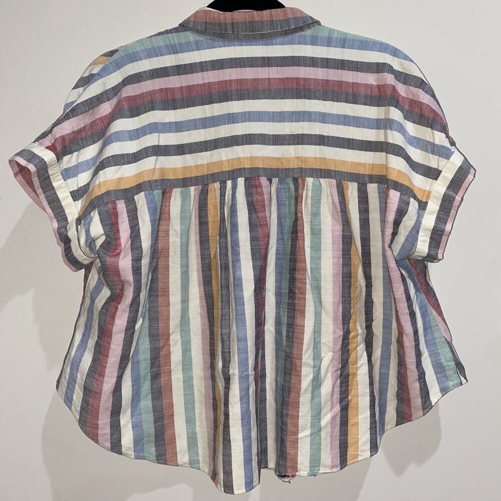 MADEWELL Sz L Hilltop Button Up Short Sleeve Shirt Rainbow Stripe Cotton Blend - Picture 5 of 7